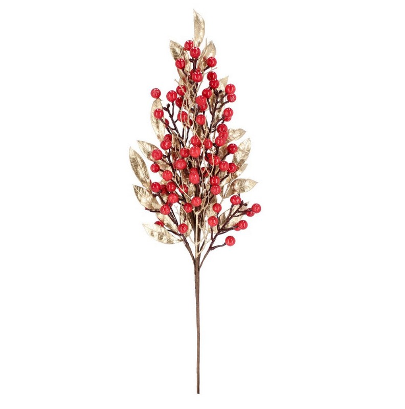 Ramo artificiale di bacche rosse e foglie oro